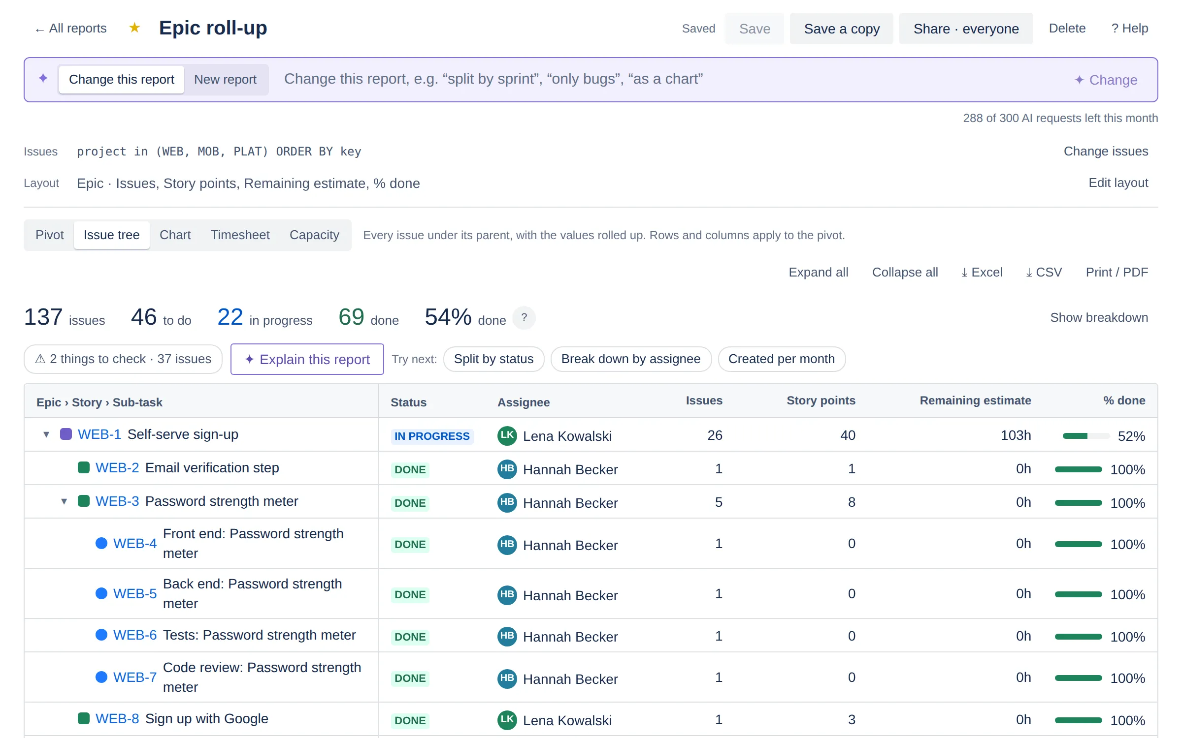 Pivot’s issue tree view